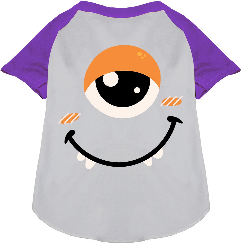 Light grey pet raglan shirt with purple raglan sleeves and monster face graphic