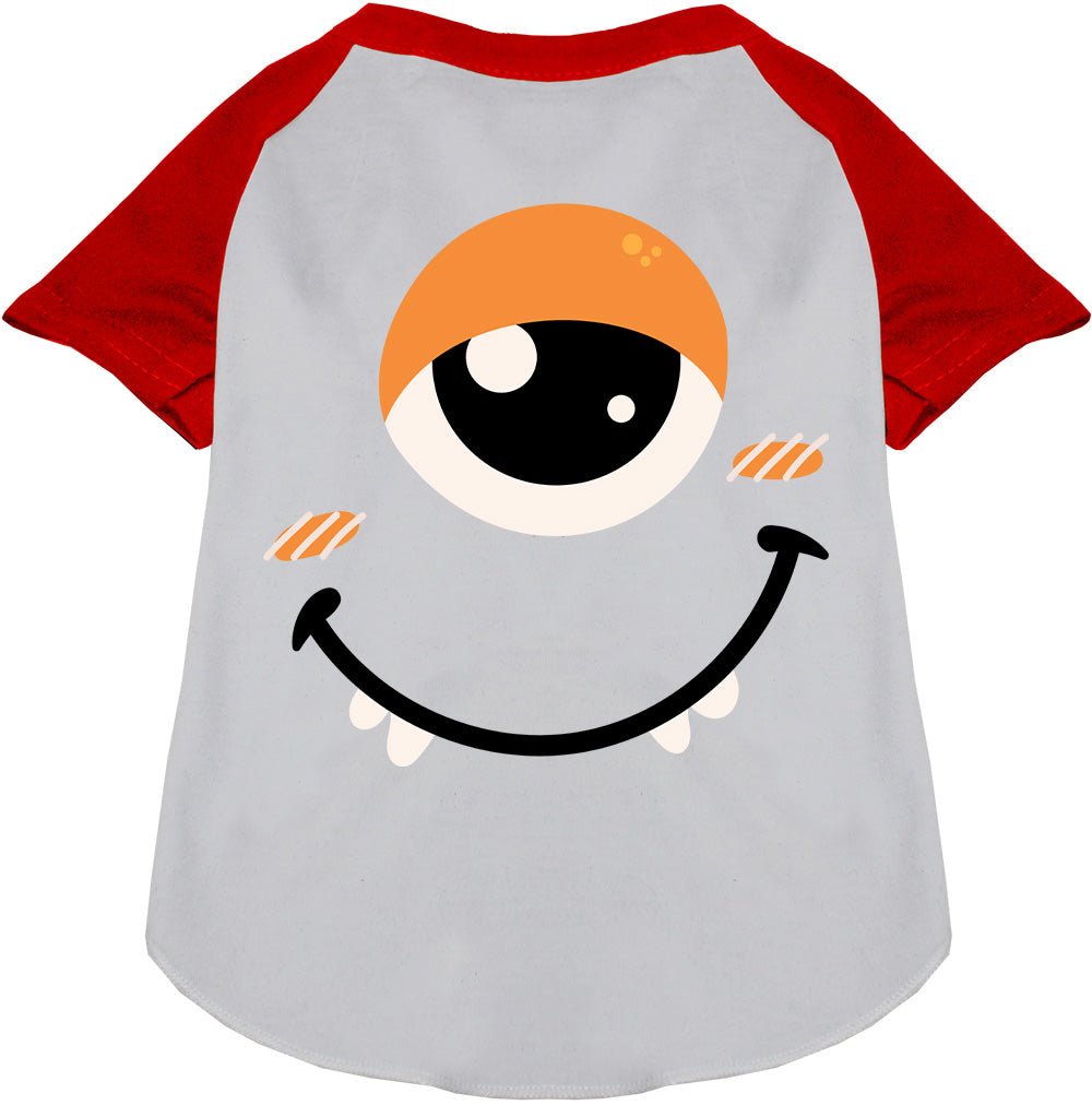 Light grey pet raglan shirt with red raglan sleeves and monster face graphic
