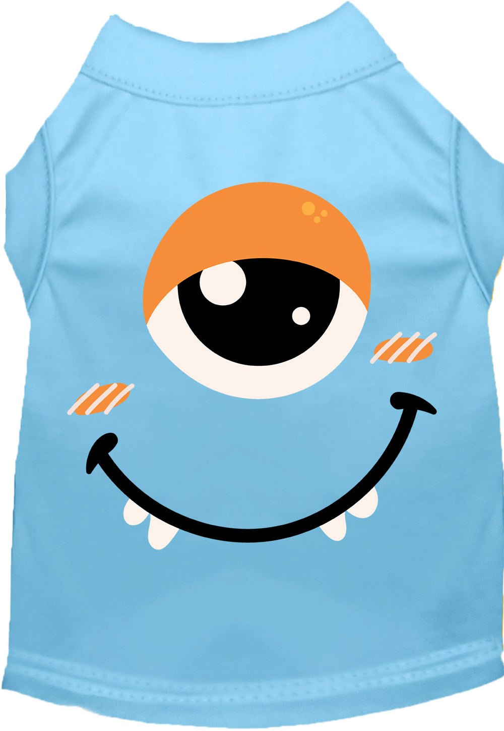 Light blue pet costume shirt with smiling monster face graphic and orange hood