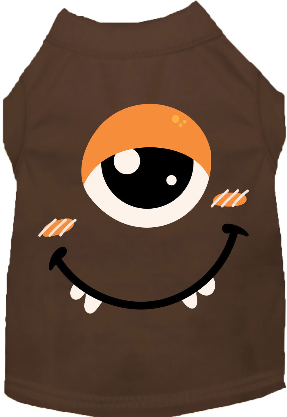 Brown pet costume shirt with smiling monster face graphic and orange hood