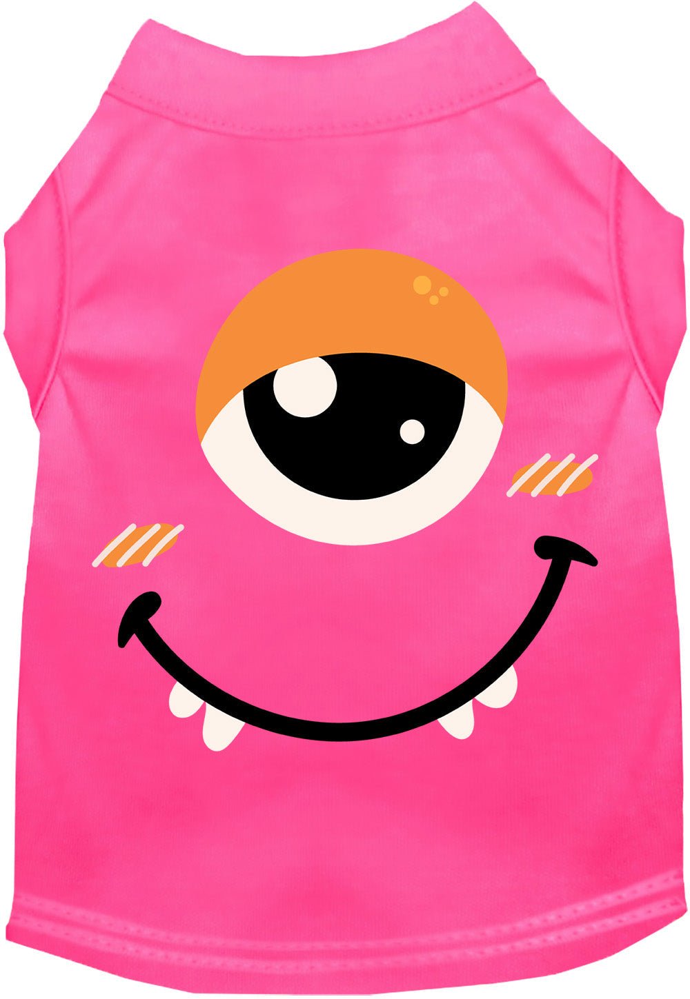 Bright pink pet costume shirt with smiling monster face graphic and orange hood