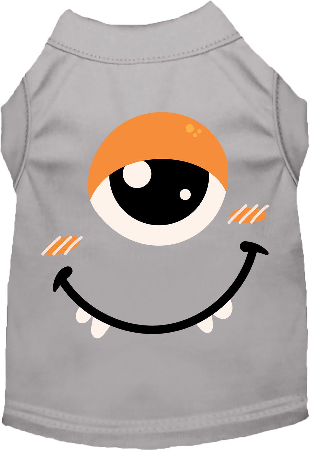 Gray pet costume shirt with smiling monster face graphic and orange hood