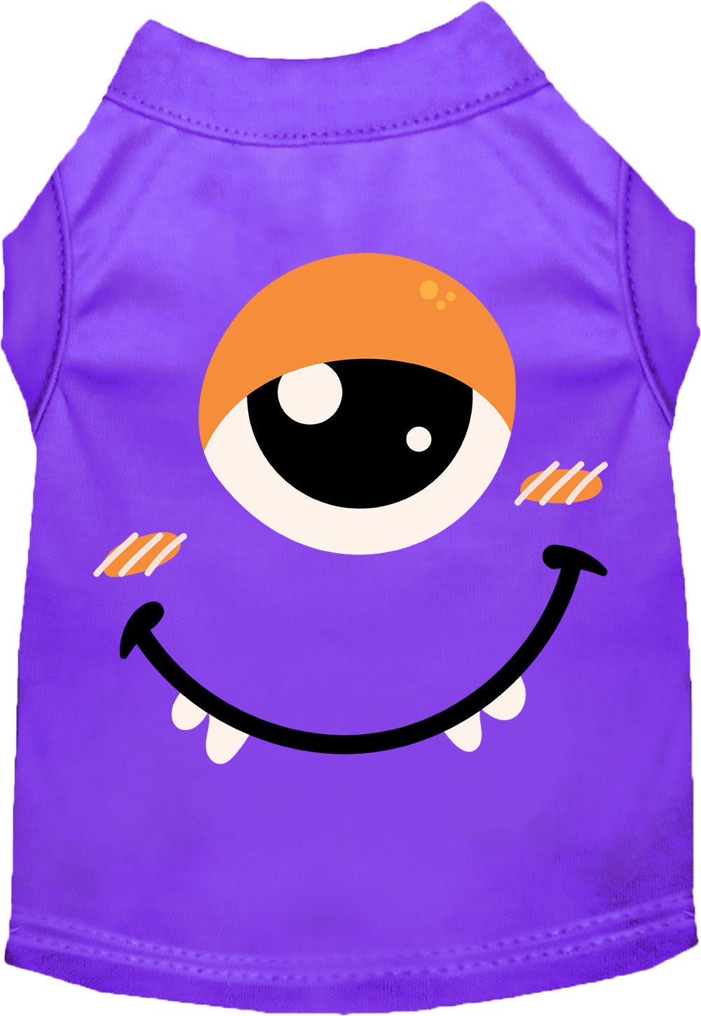 Purple pet costume shirt with smiling monster face graphic and orange hood