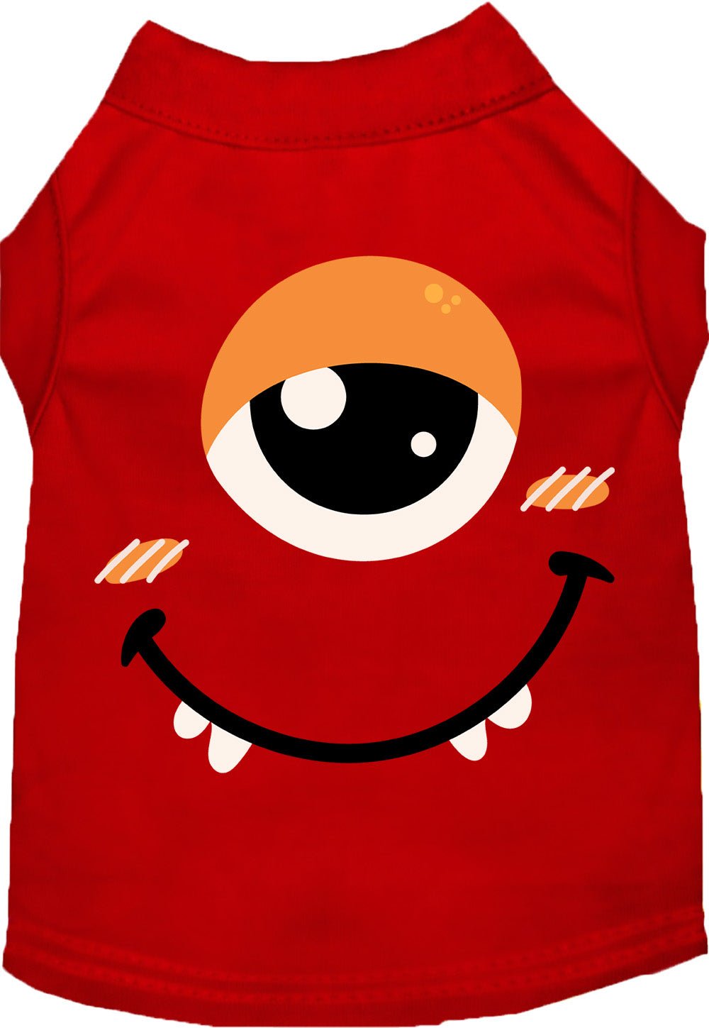 Red pet costume shirt with smiling monster face graphic and orange hood