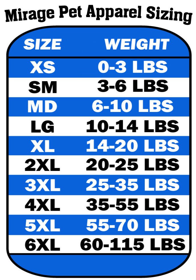 Mirage Pet Apparel sizing chart listing size and weight ranges