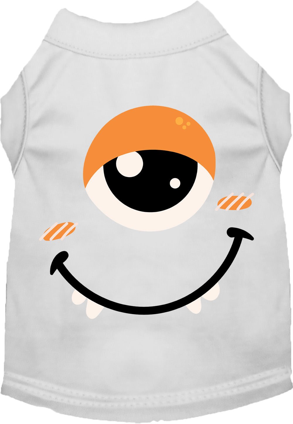 White pet costume shirt with smiling monster face graphic and orange hood