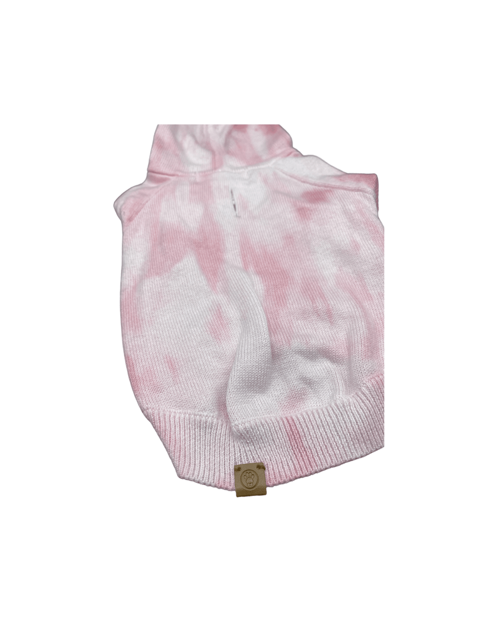 Rose and white tie-dye hooded dog hoodie with tan logo patch at hem