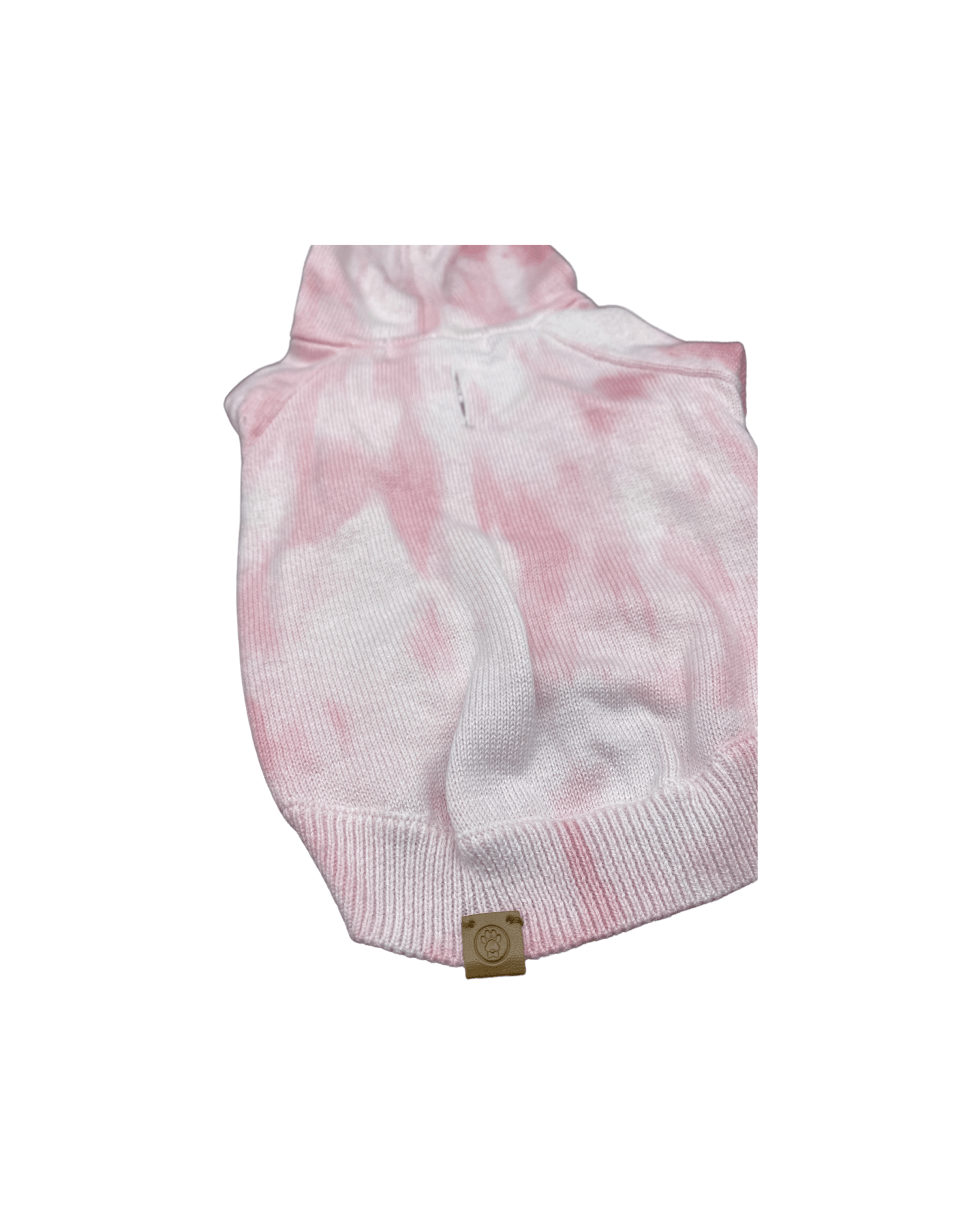 Rose and white tie-dye hooded dog hoodie with tan logo patch at hem