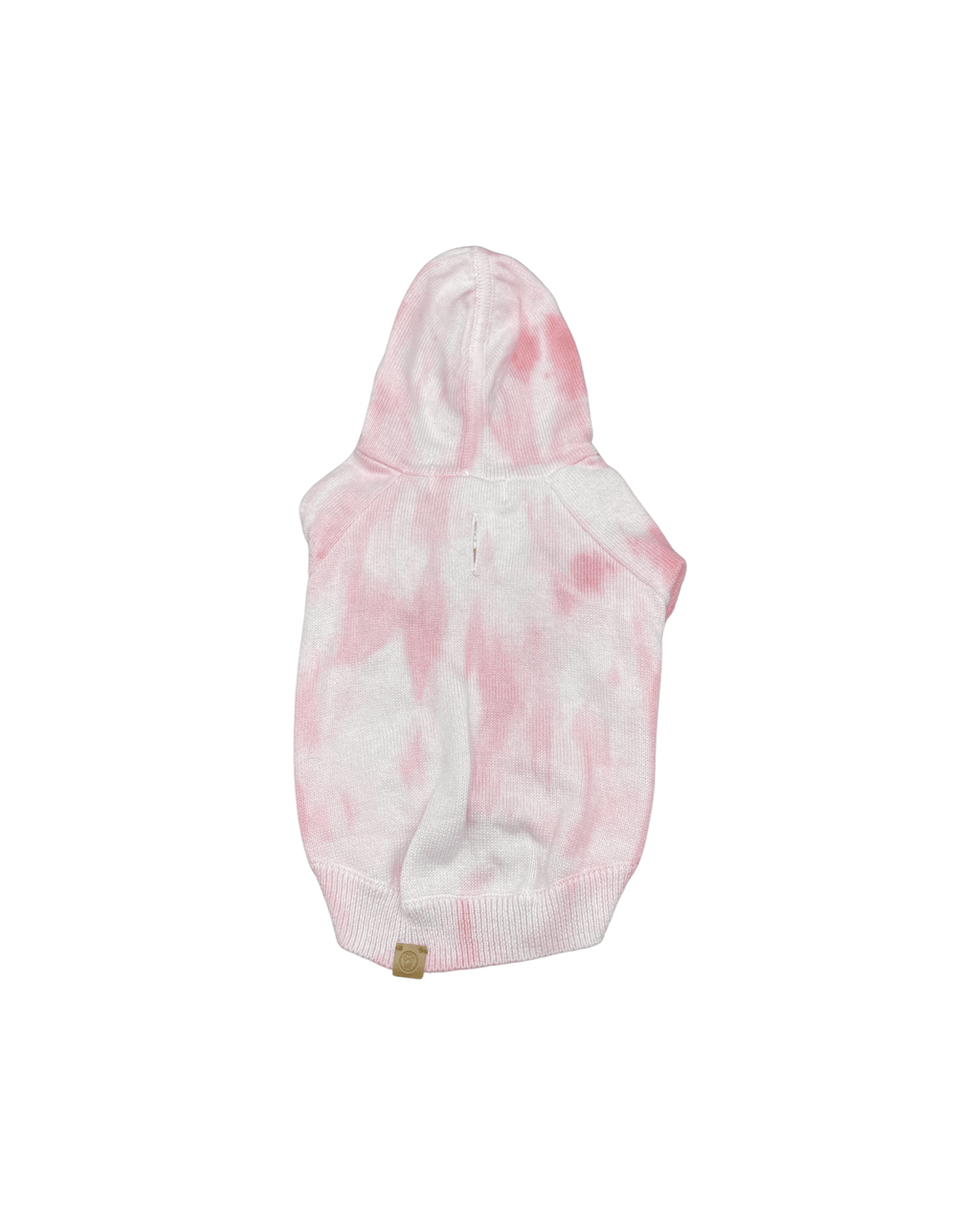 Rose and white tie-dye hooded dog hoodie with ribbed cuffs, hem patch