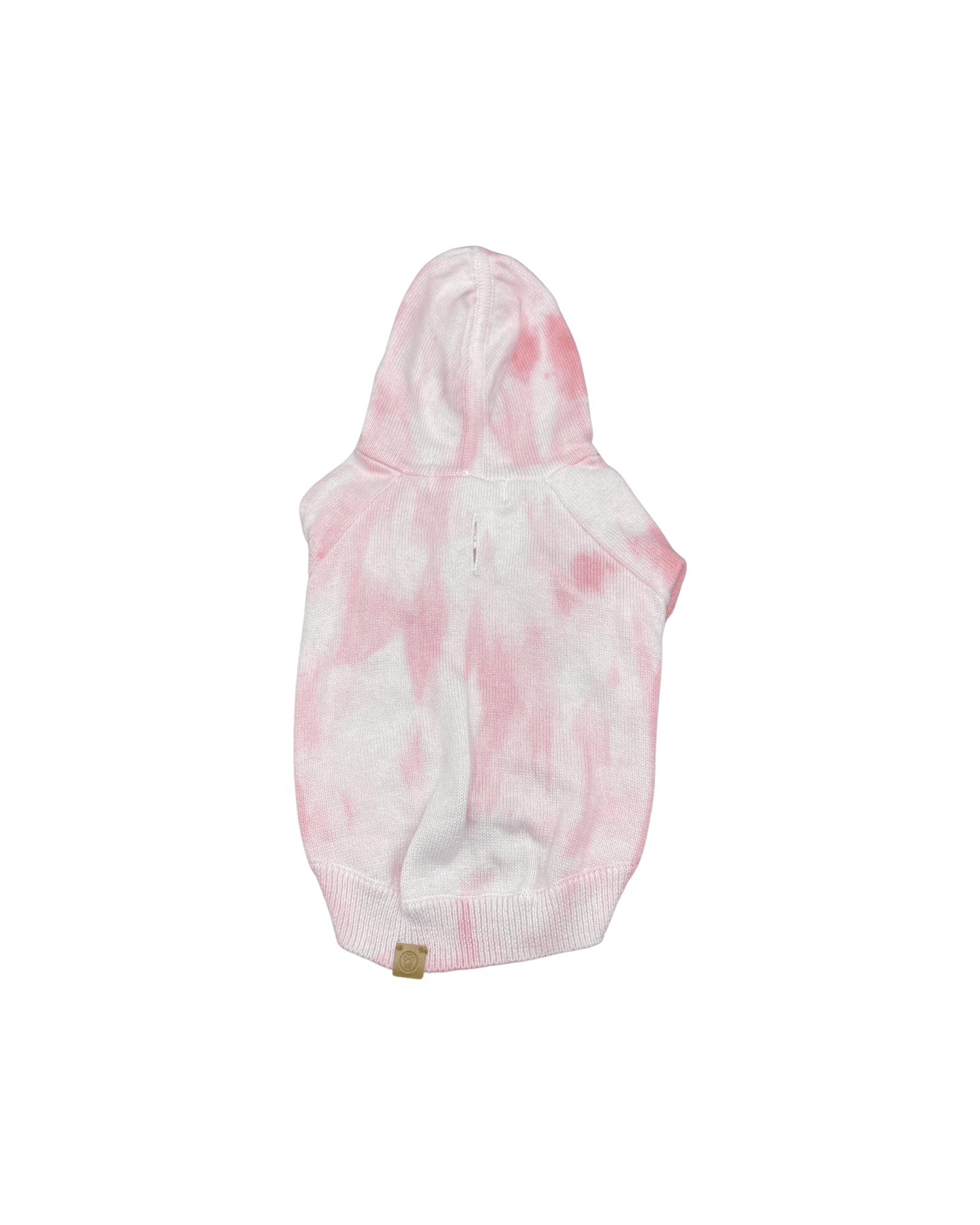 Rose and white tie-dye hooded dog hoodie with ribbed cuffs, hem patch
