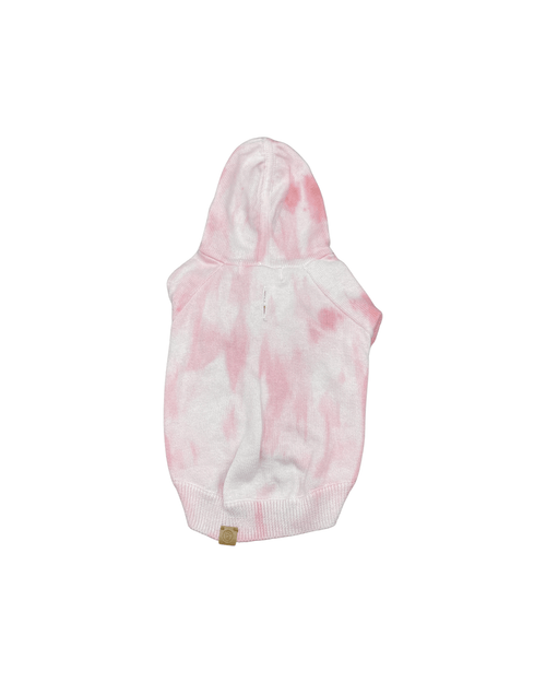 Rose and white tie-dye hooded dog hoodie with ribbed cuffs, hem patch