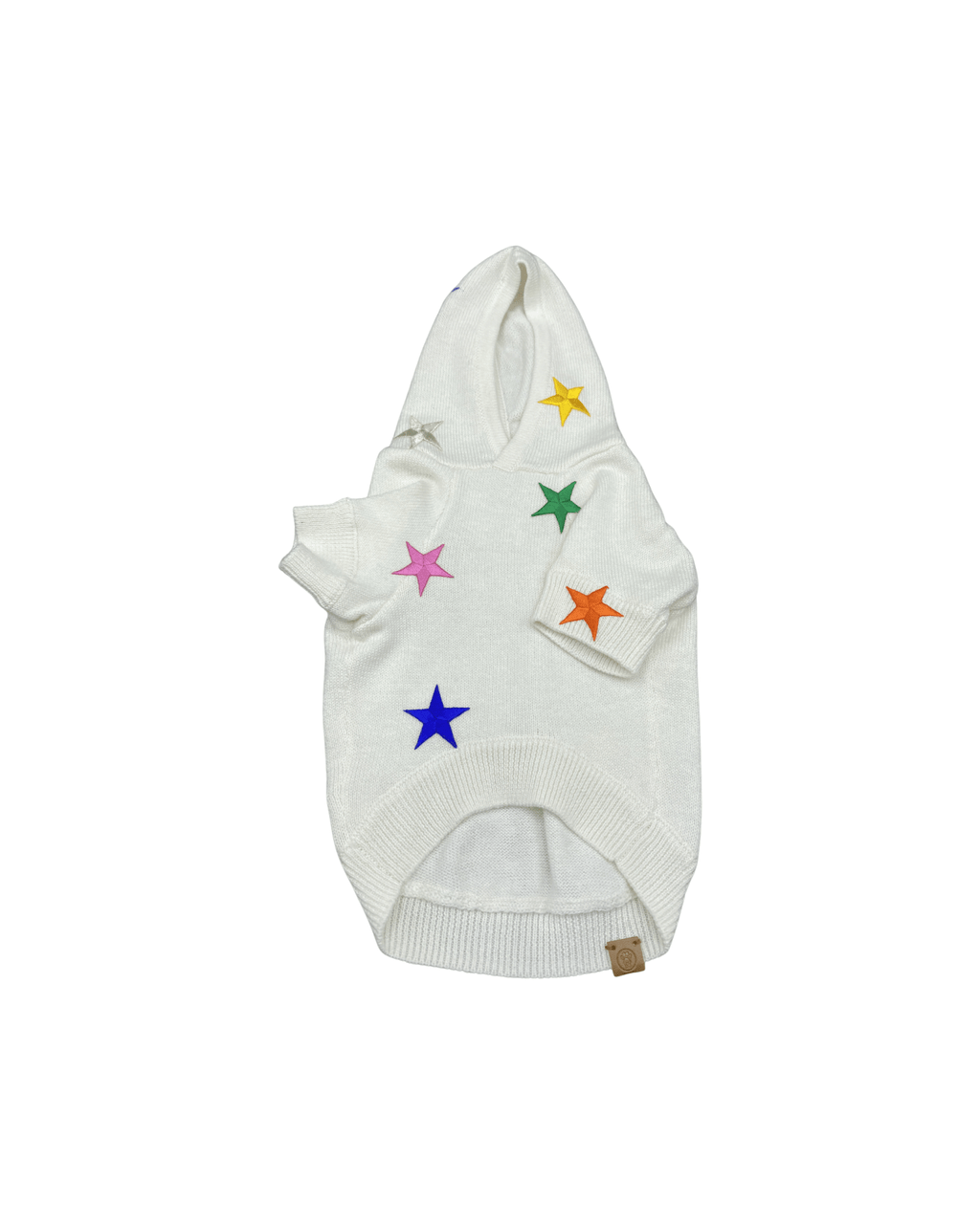 White star-patch hoodie with rainbow star appliques and front hood