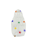 White star-patch hoodie with multicolor star appliques and front hood