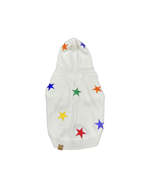 White star-patch hoodie with multicolor star appliques and front hood