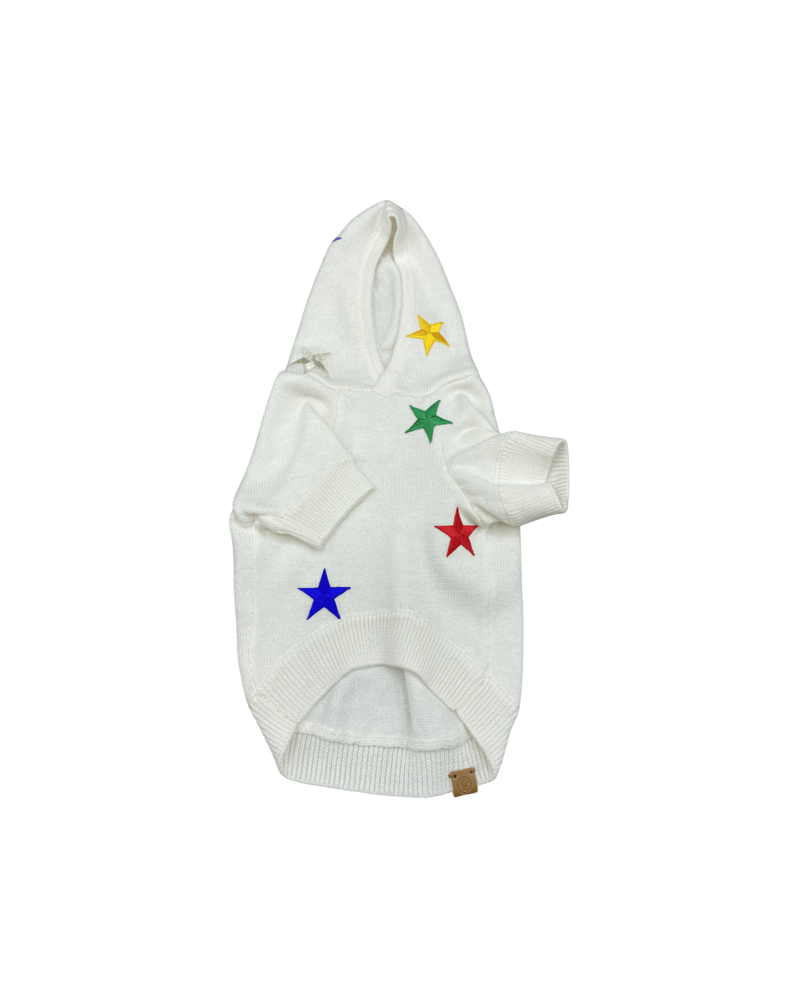 White star-patch hoodie with multicolor stars, ribbed cuffs and hem