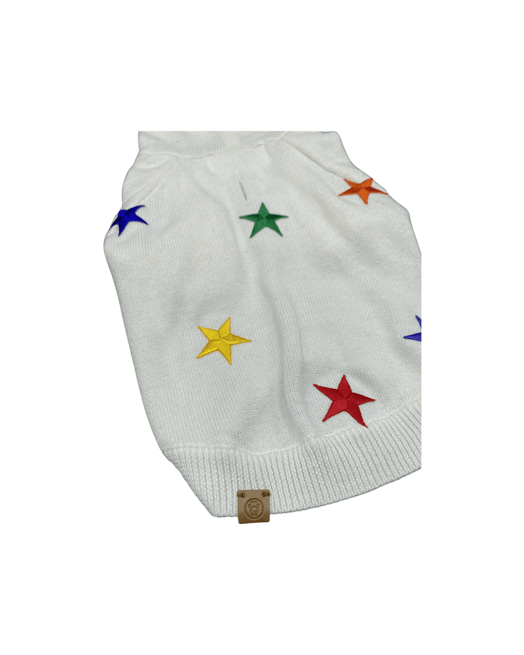 White star-patch hoodie hem with multicolor star appliques