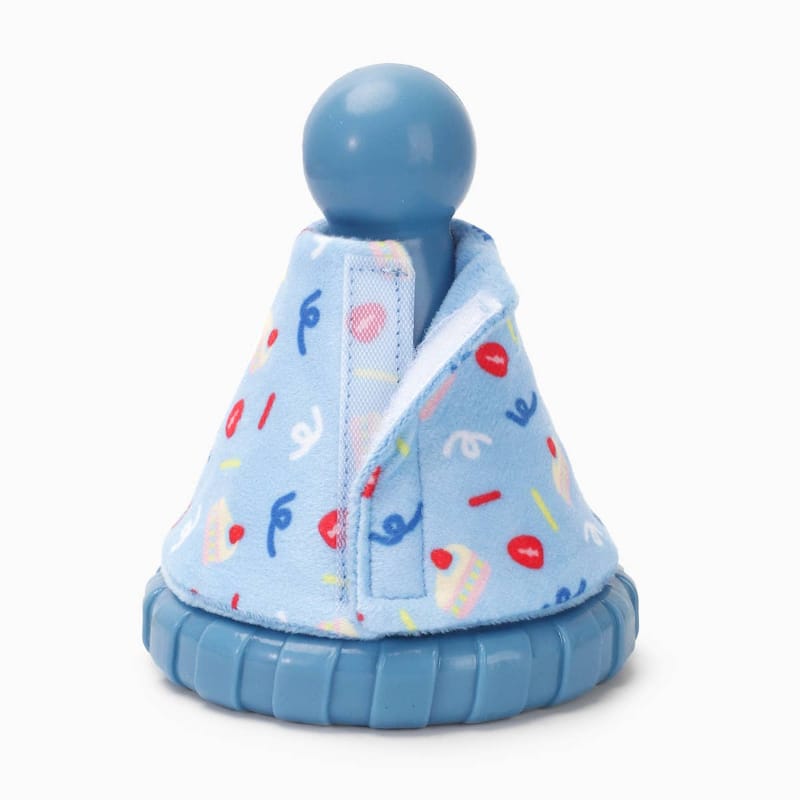 Blue party hat TPR rubber dog toy with patterned cone, side seam detail, round top