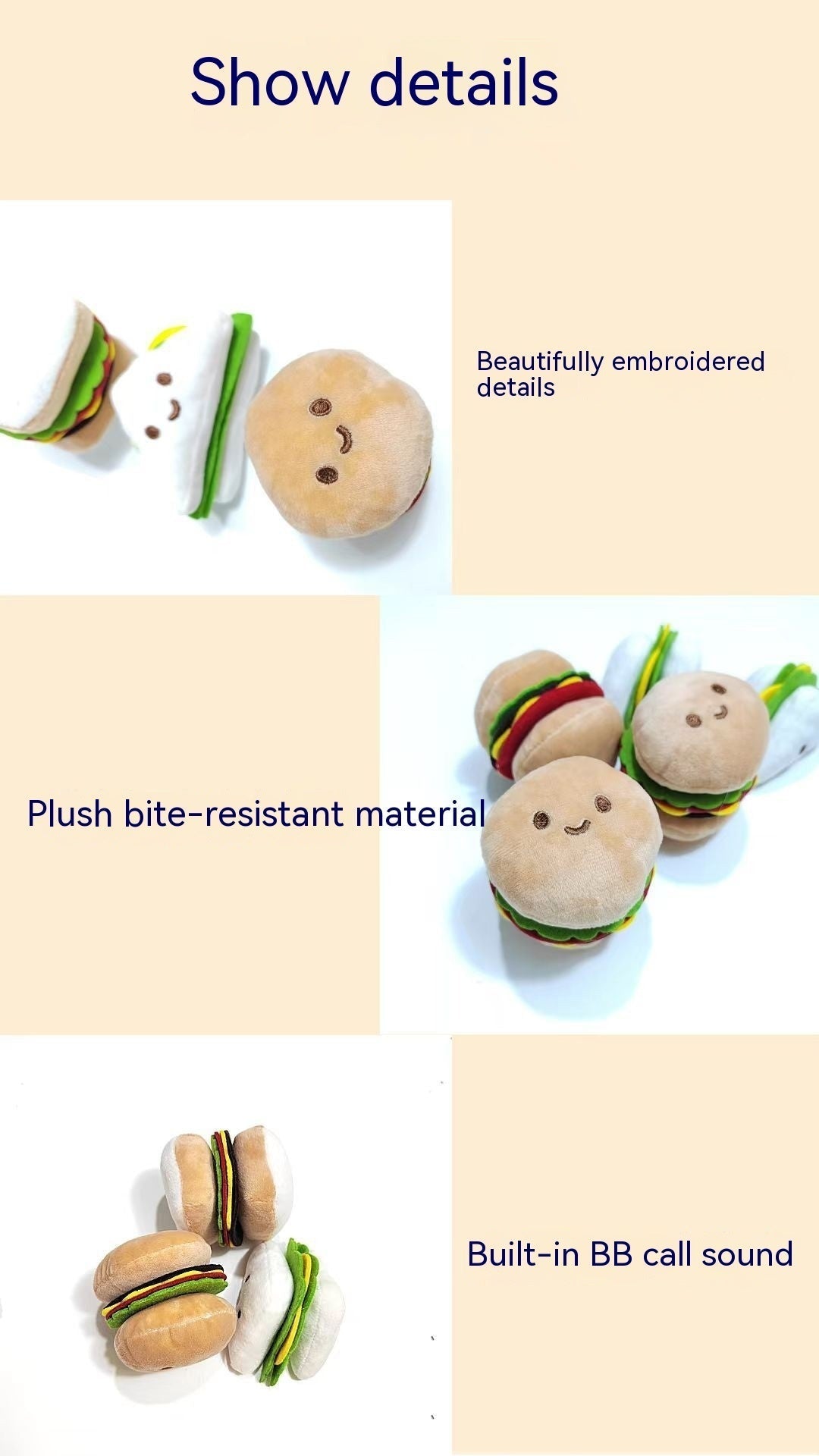 Plush burger-themed pet sound toy pieces in close-up with stitched faces and layers