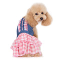 Denim chic dog dress, blue denim bodice with pink gingham ruffle skirt.