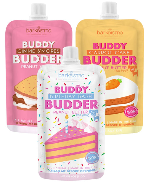 3-pack dog peanut butter squeeze pouches: pink S'mores, yellow Carrot Cake, white Birthday Bash