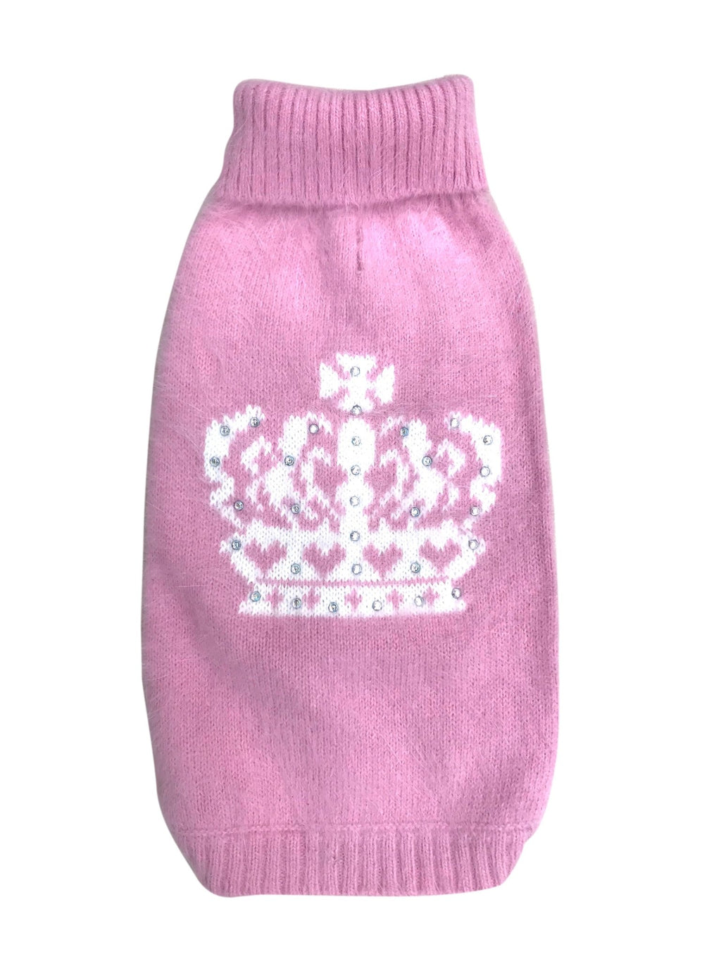 Pink knitted turtleneck pet sweater with crown graphic