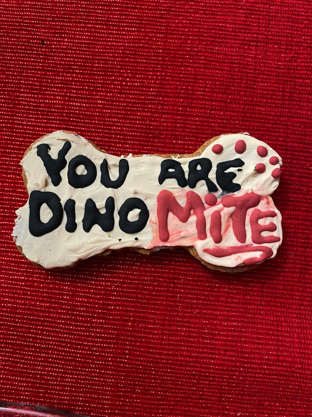 Bone-shaped dinosaur dog cookie reading “You Are Dino-Mite” in black and red