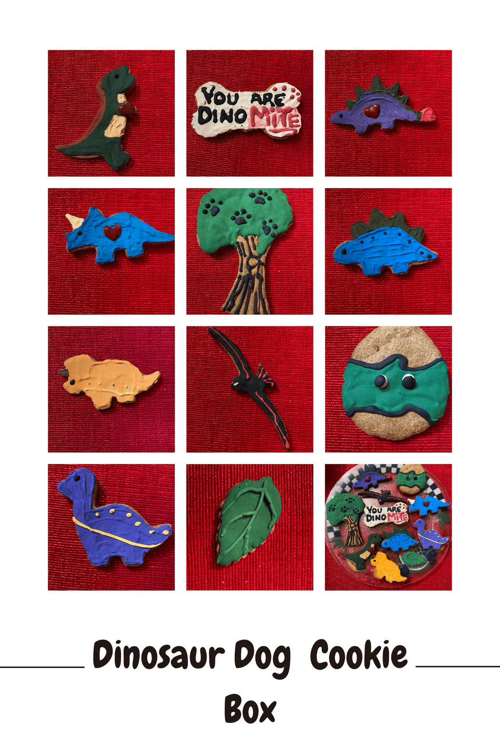 Dinosaur-shaped dog cookie assortment with multiple colorful dinosaur treats