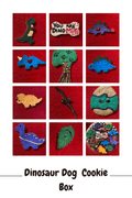 Dinosaur-shaped dog cookie assortment with multiple colorful dinosaur treats