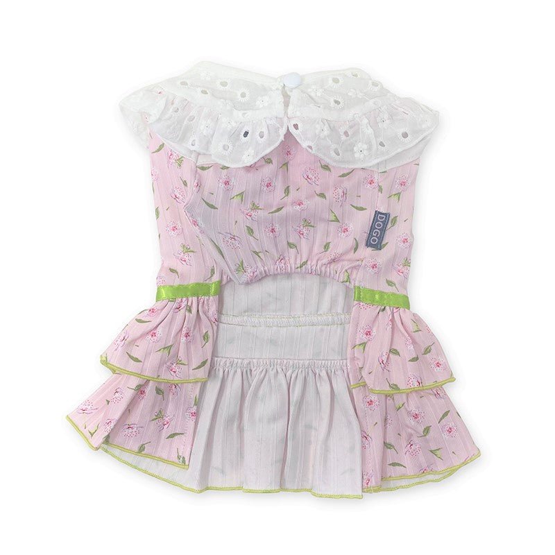 Pink ditsy floral pet dress with white lace-like collar, green trim, and tiered skirt