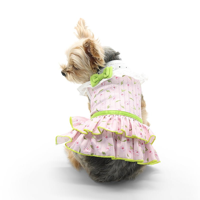 Light pink ditsy floral pet dress with green trim and white ruffled collar