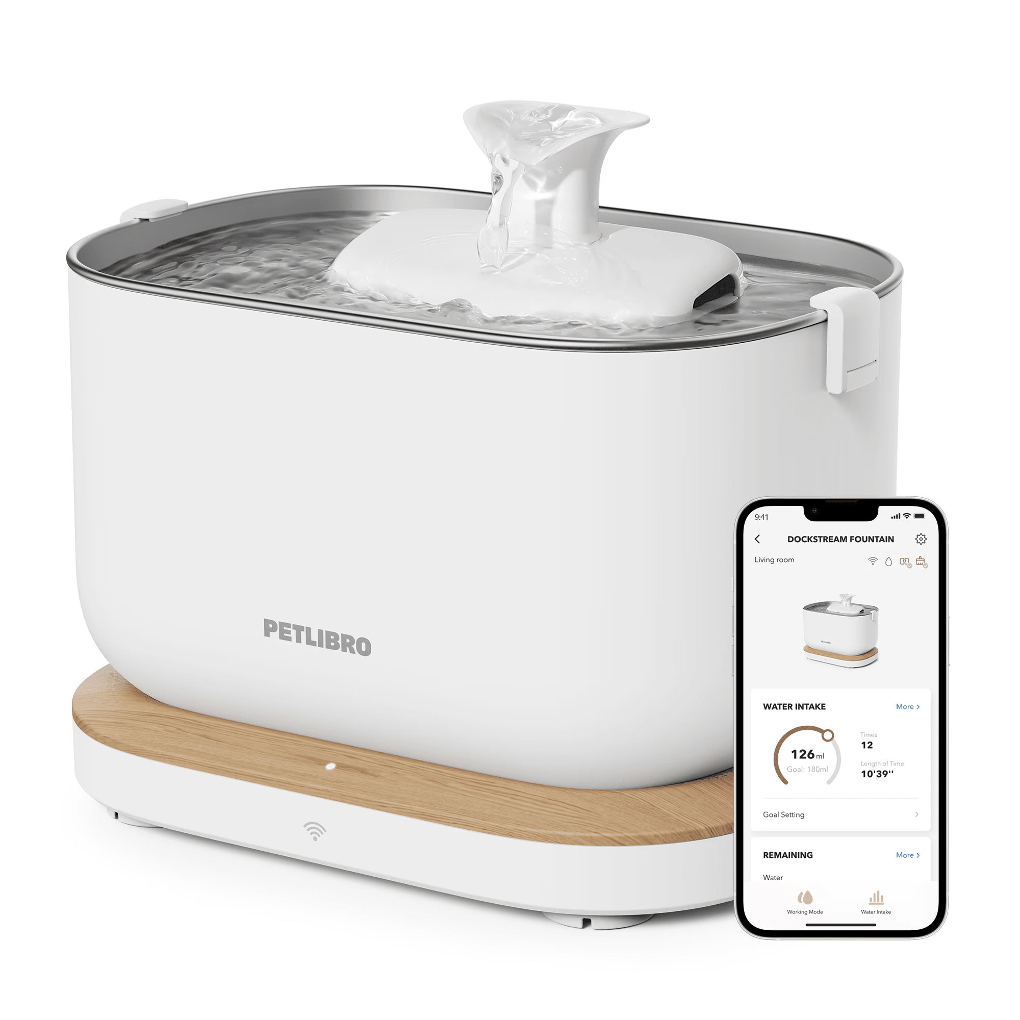 White stainless cat fountain with transparent top reservoir and app phone for tracking