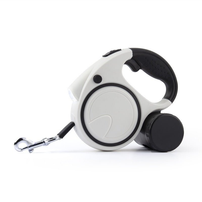 Retractable dog leash reel, white and black casing with chrome clip on leash line