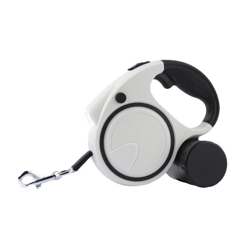 Retractable dog leash, white reel with black handle and chrome clip on cord