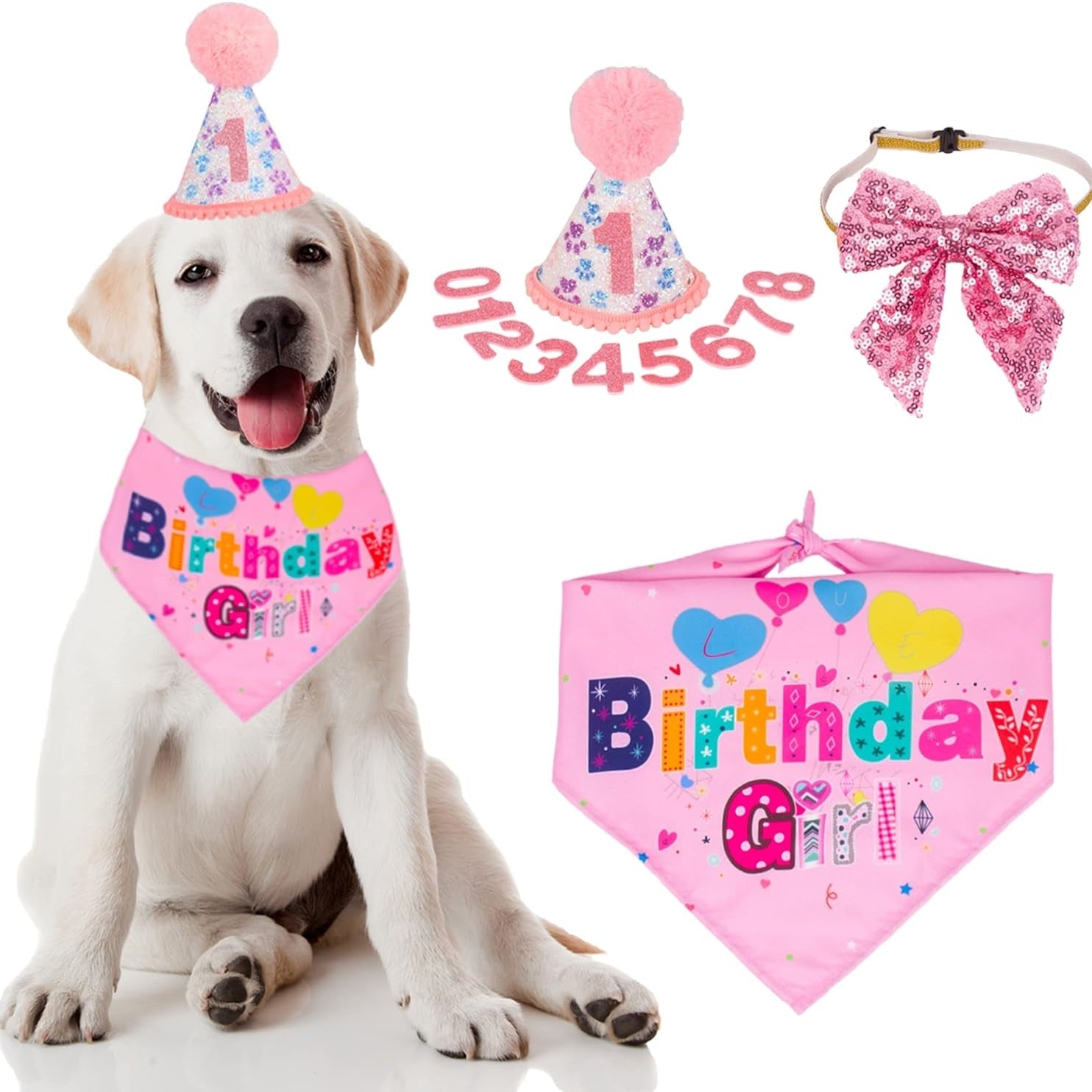 Pink birthday dog hat with pom-pom top, patterned cone, and matching sparkly bow