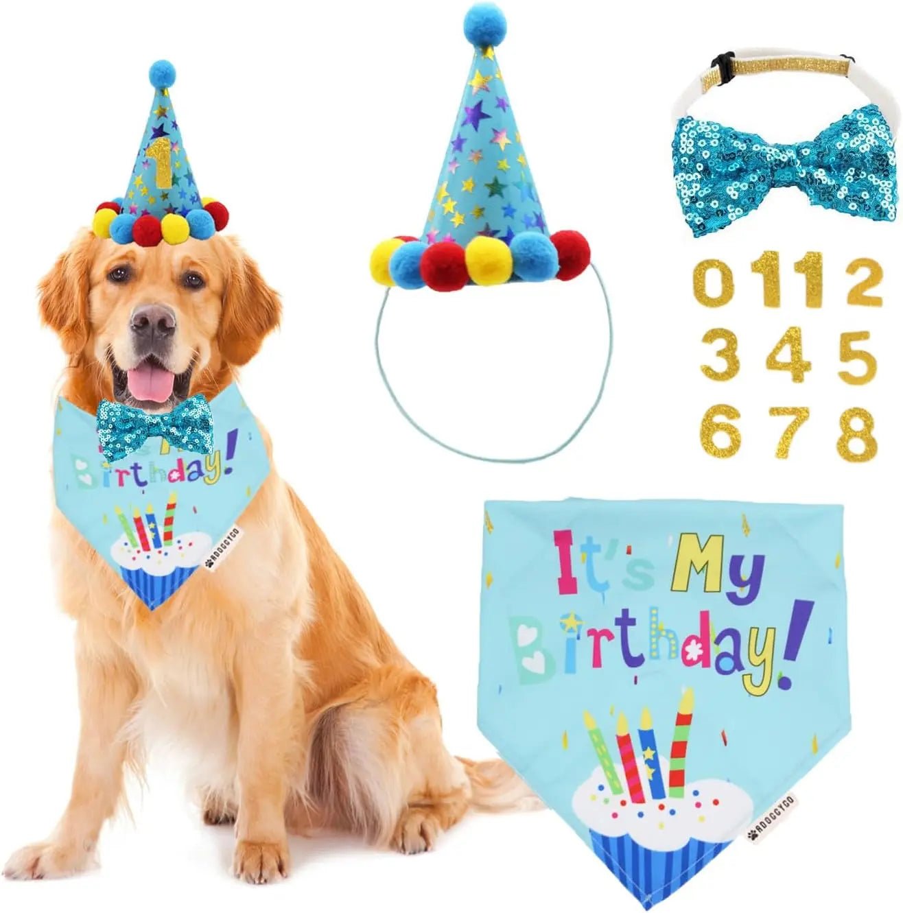 Light blue dog birthday party set with bandana, pom-pom crown hat, and bow tie