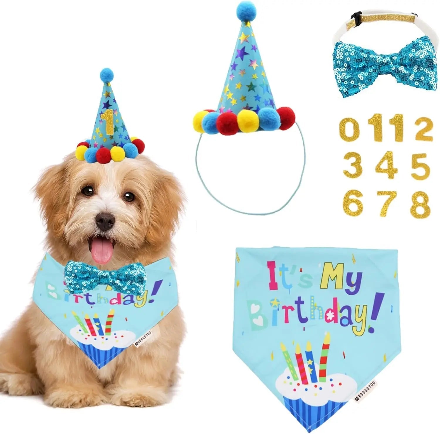 Light blue dog birthday party set with birthday bandana, crown hat, and bow tie