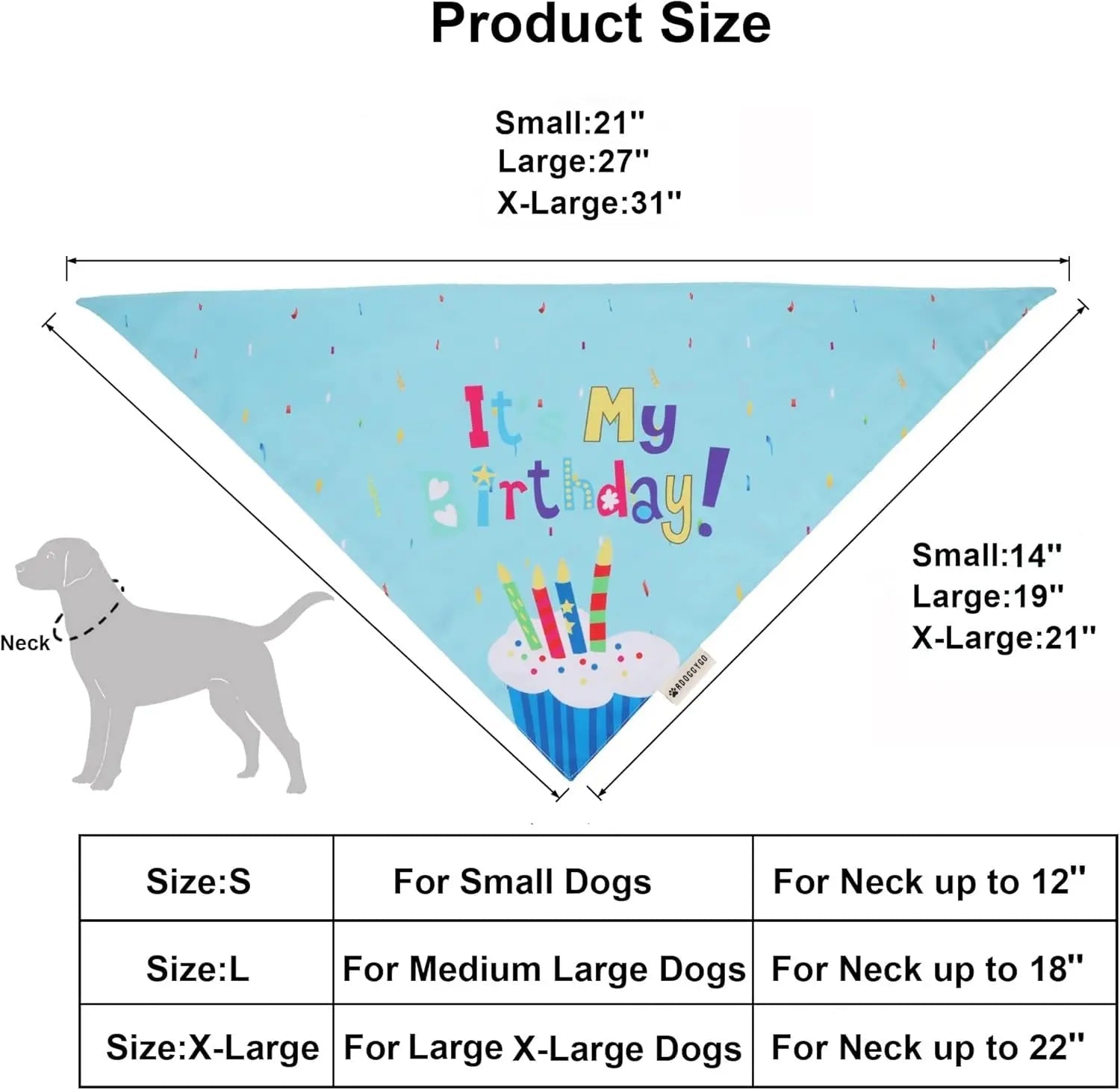 Dog birthday bandana size chart showing neck sizes for small, large, and extra-large