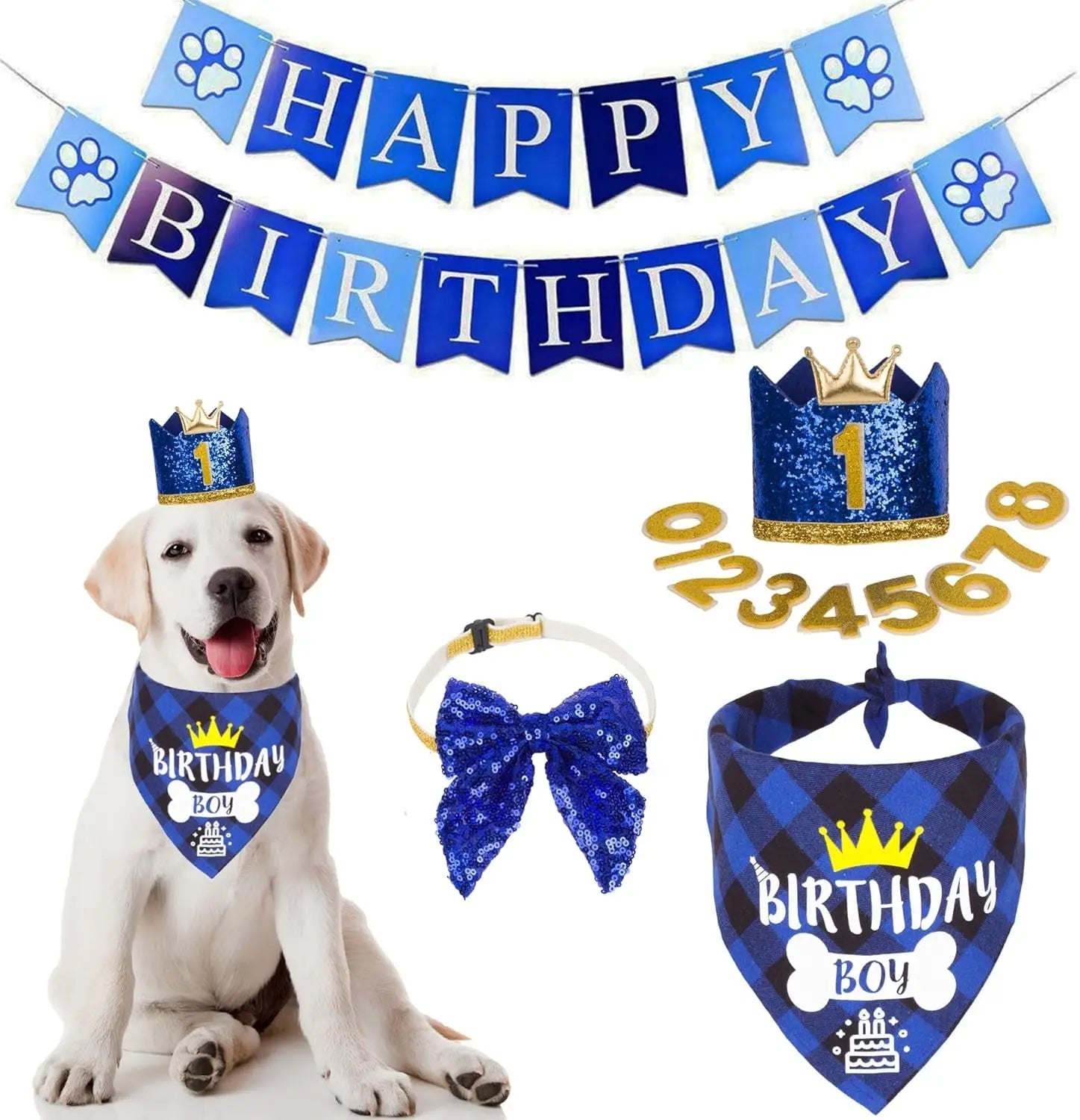 Dog birthday party set with blue “Happy Birthday” banner, bandana, birthday hat, crown digits, bow