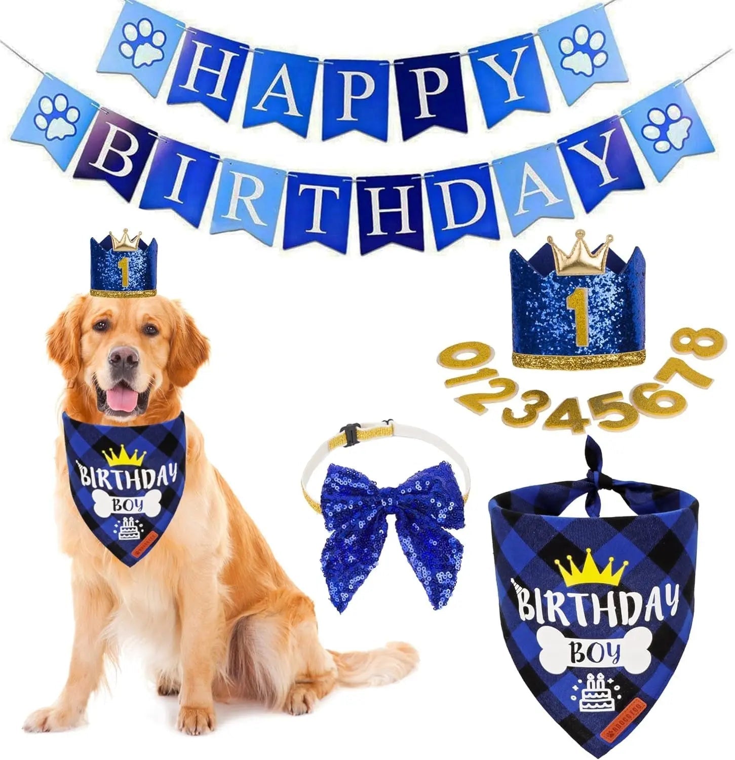 Dog birthday party set with blue “Happy Birthday” banner, bandana, hat, crown digits, bow