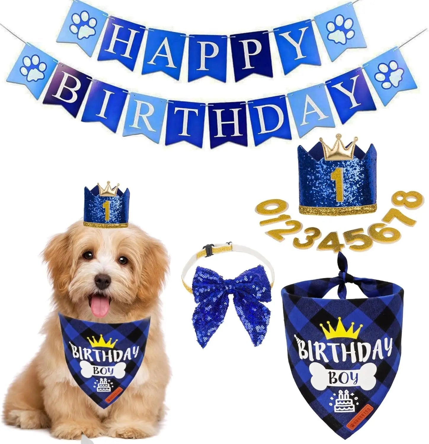 Blue dog birthday party set with bandana, crown hat, bow tie, and number candles
