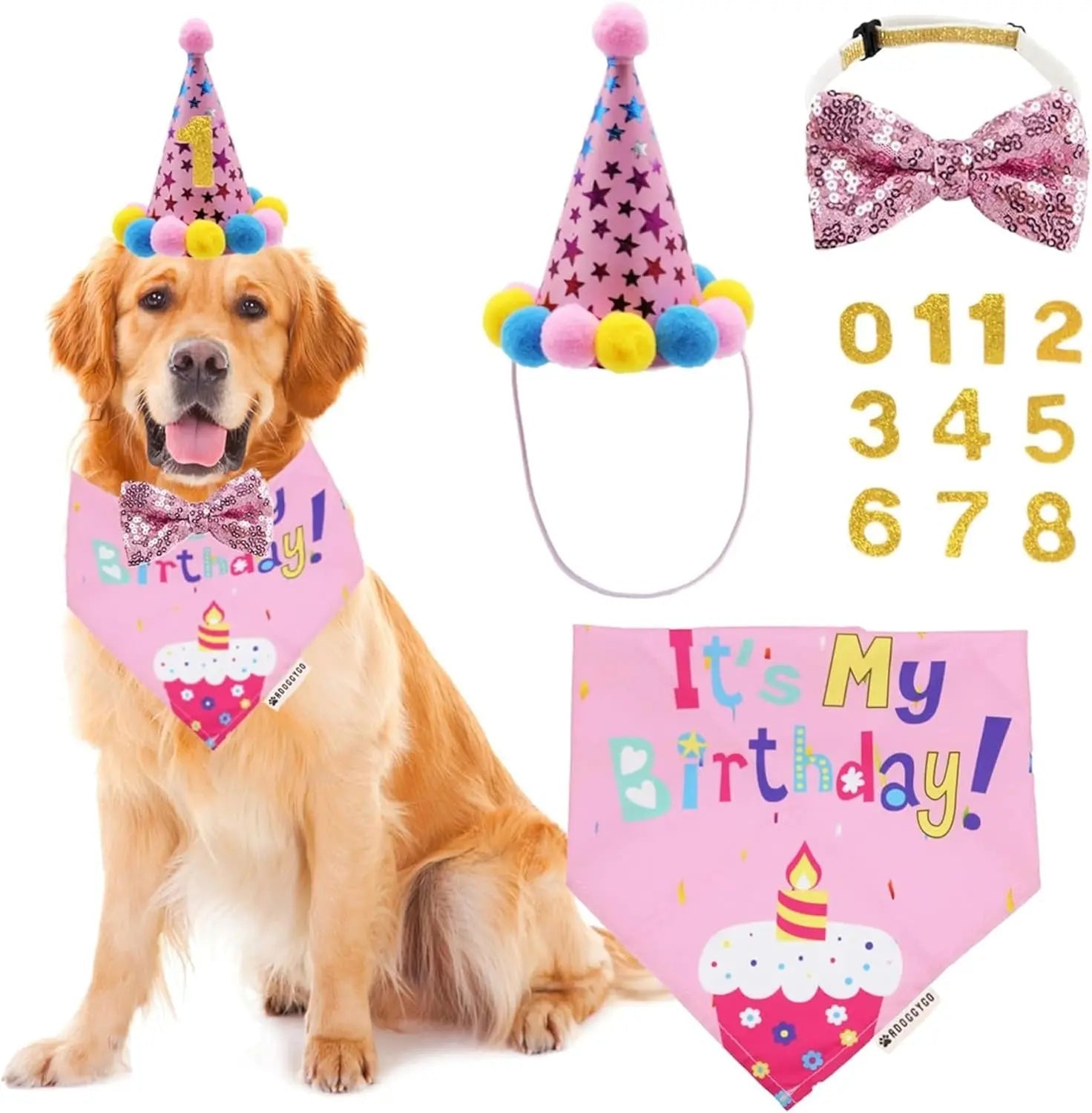 Pink dog birthday party set with sparkling bandana, star party hat, and bow tie