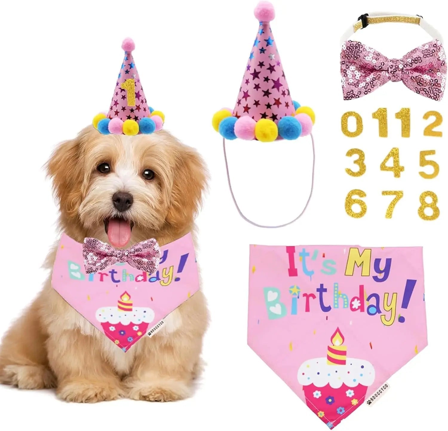 Dog birthday bandana set in pink: hat with pom pom, “It’s My birthday!” scarf, digits
