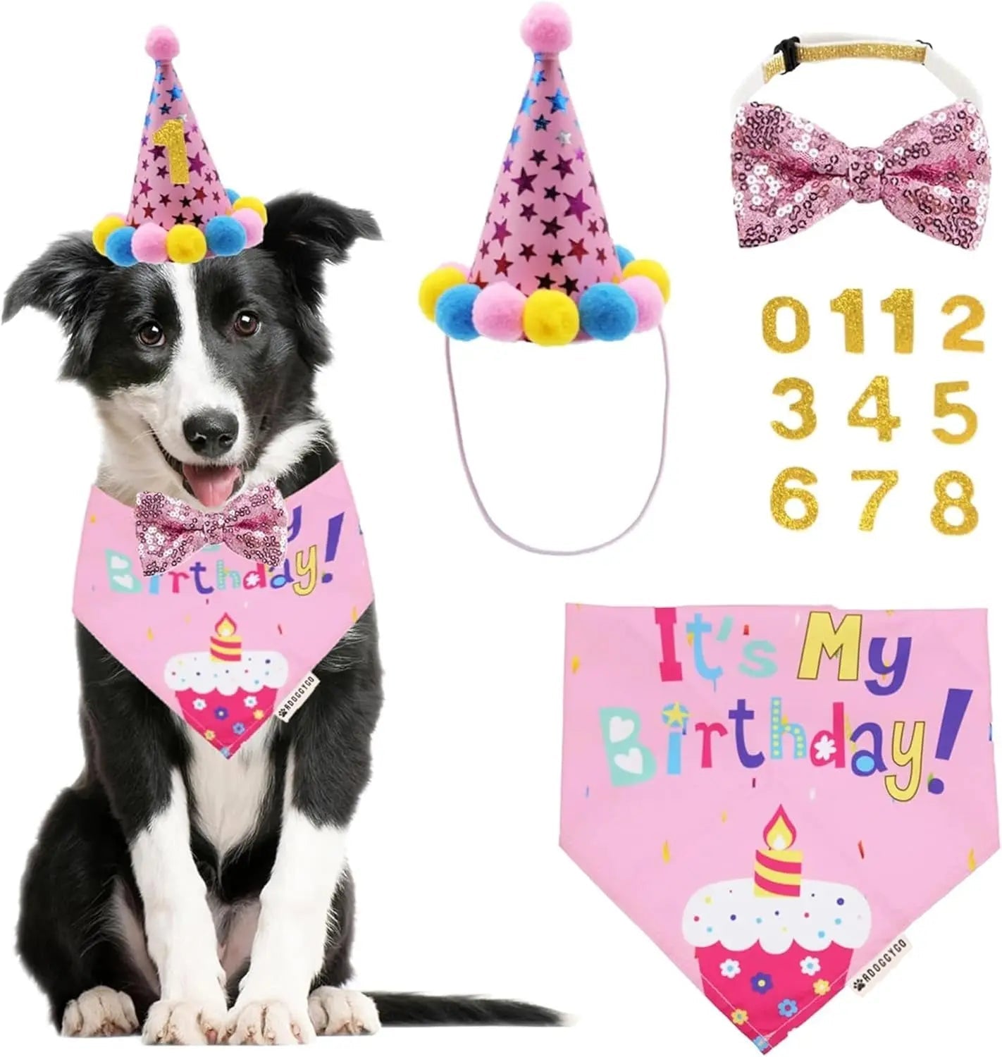 Pink dog birthday party set with bandana, star party hat, bow tie, and headband