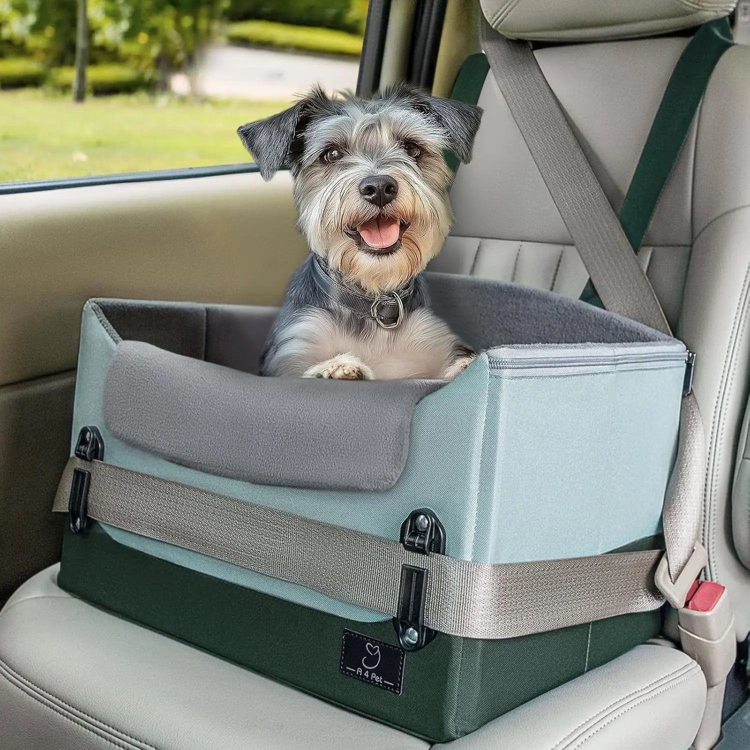 Dark green dog car seat booster with aqua top panel and cushioned side walls