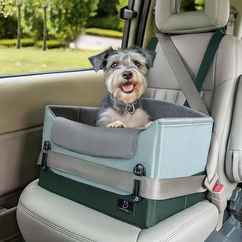 Dark green dog car seat booster with aqua top panel and front leash attachment