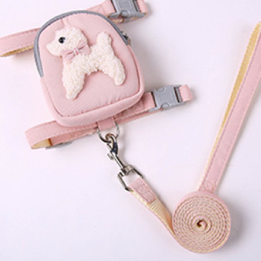 Pet chest harness set with pink pouch, white bunny patch, and pink leash rope strap