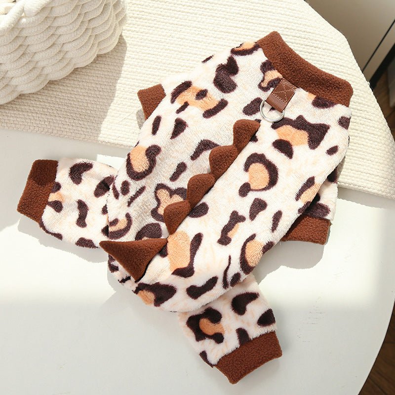 Cream leopard-print fleece dog jumpsuit with brown spots and ribbed brown cuffs