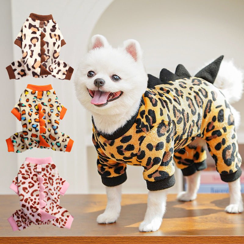 Leopard-print fleece dog jumpsuit with black collar and brown ribbed cuffs