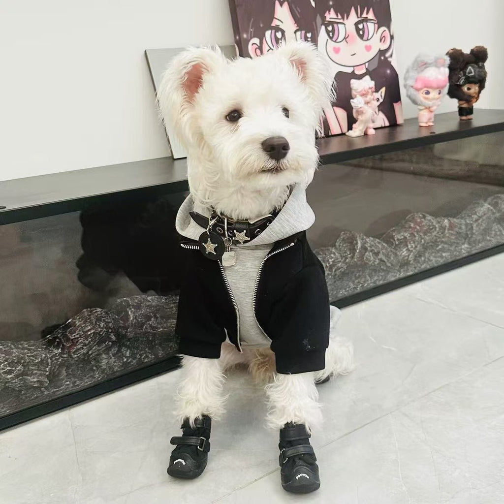Black hooded dog sweatshirt with gray faux vest, front view with zipper and collar stars