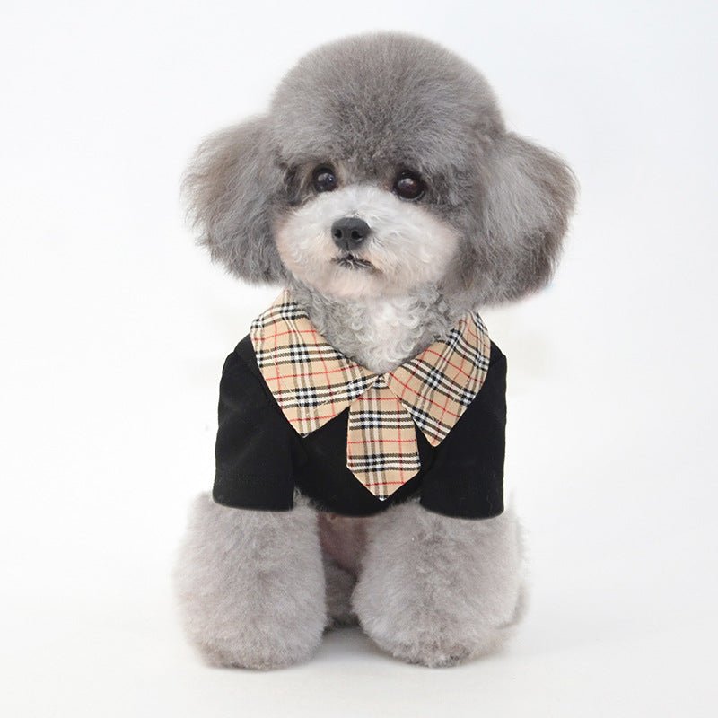Small dog summer shirt with plaid collar and black short sleeves